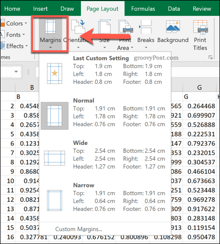 Opcje marginesów strony programu Excel