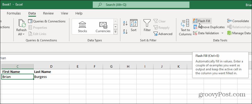 Narzędzia danych Flash Fill Excel