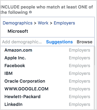 Facebook oferuje sugestie w sekcji Kierowanie szczegółowe.