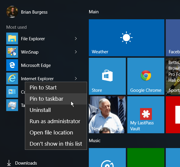 Menu Start IE Windows 10
