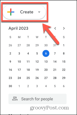 Zrzut ekranu przycisku tworzenia Kalendarza Google