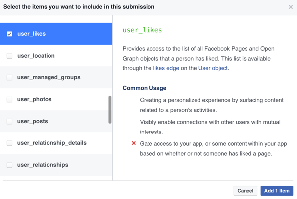 Wybierz elementy, które chcesz uwzględnić w przesłanej aplikacji Facebook.