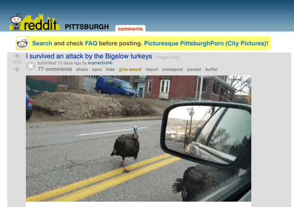 Jak promować swoją firmę na Reddit, przykładowy post z subreddit r / Pittsburgh