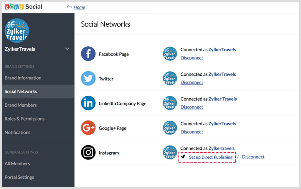 Skonfiguruj łącze do bezpośredniego publikowania w aplikacji Zoho Social