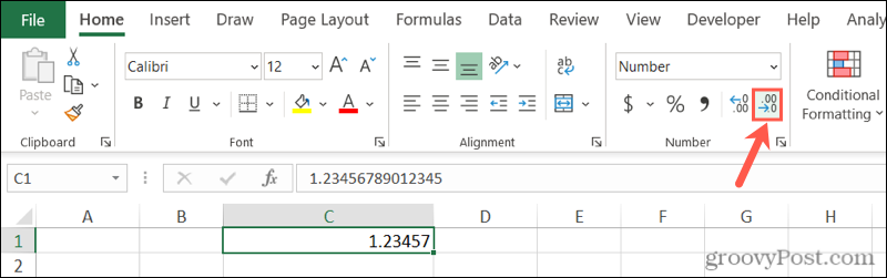 Zmniejsz przycisk dziesiętny w programie Excel