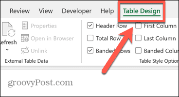 menu projektowania tabeli programu Excel