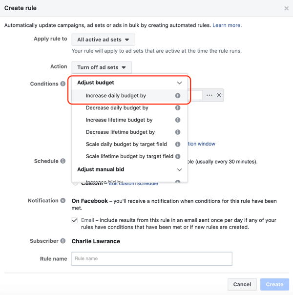 Użyj automatycznych reguł Facebooka, zwiększ budżet, gdy ROAS będzie większy niż 2, krok 1, ustaw działanie