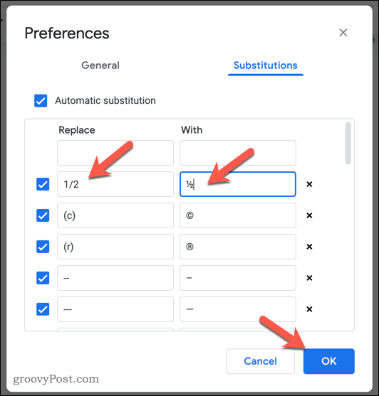 Dodawanie ułamka jako automatycznego zastępowania w Dokumentach Google