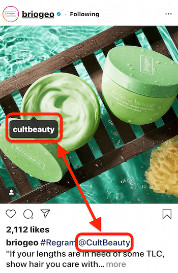 post na Instagramie autorstwa @briogeo pokazujący tag posta i podpis @mention dla @cultbeauty, którego produkt pojawia się na obrazku