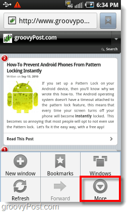dostęp do menu więcej w przeglądarce Androida