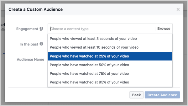 Niestandardowi odbiorcy na Facebooku na podstawie 25% wyświetleń wideo.