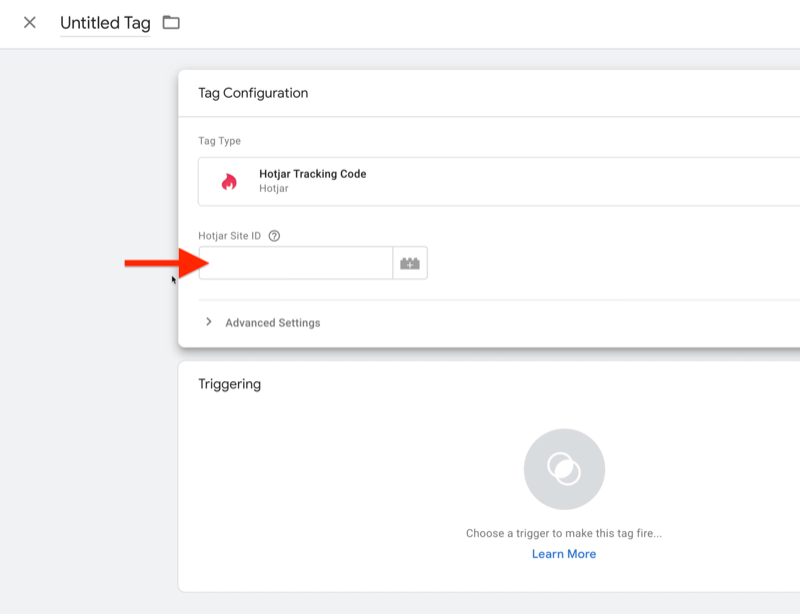 nowy tag menedżera tagów google z podświetlonym nowym polem identyfikatora witryny hotjar, ze względu na wybrany typ tagu lub wybrany kod śledzenia hotjar