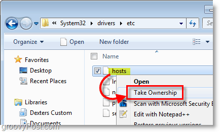 Zrzut ekranu systemu Windows 7 - użyj menu kontekstowego prawym przyciskiem myszy, aby przejąć na własność dowolny plik w systemie Windows 7