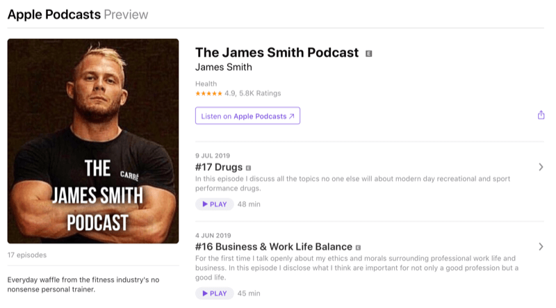 Strategia marketingowa w mediach społecznościowych; Zrzut ekranu podcastu Jamesa Smitha w Apple Podcasts. James jest znanym influencerem w dziedzinie fitness.