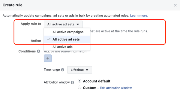 Skorzystaj z reguł automatycznych Facebooka, zatrzymaj ustawianie reklam, gdy wydatki są dwukrotnie wyższe i mniej niż 1 zakup, krok 1, zastosuj do wszystkich zestawów reklam
