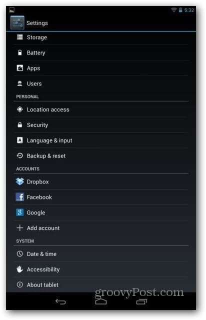 Konta użytkowników Nexusa 7 - ustawienia użytkownika