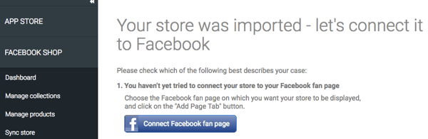 Po zaimportowaniu sklepu za pomocą aplikacji StoreYa upewnij się, że jest połączony z Facebookiem.