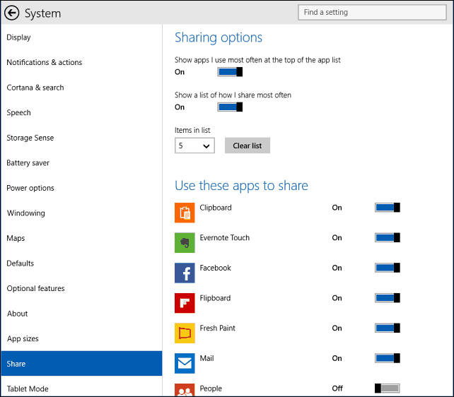 opcje udostępniania Windows 10
