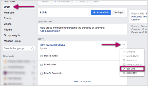 Kliknij trzy kropki po prawej stronie jednostki grupy na Facebooku, którą chcesz edytować.