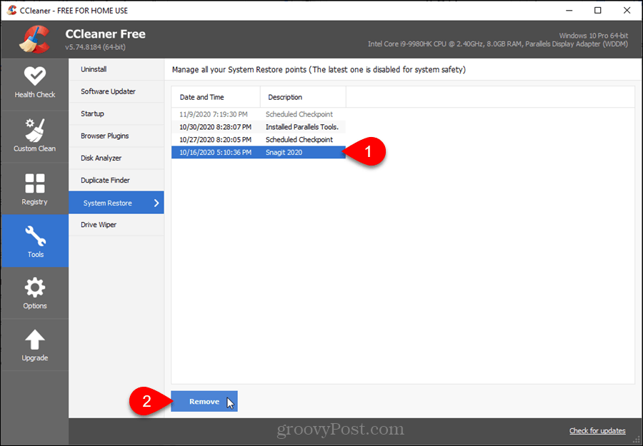 Punkty przywracania systemu w programie CCleaner