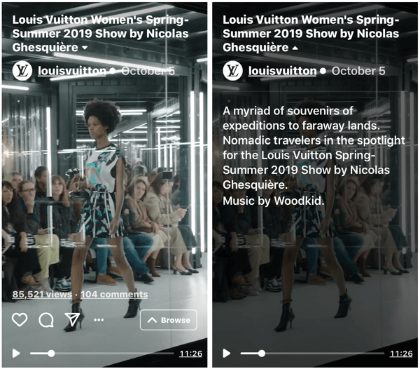 Przykład pokazu IGTV Louis Vuitton z okazji pokazu mody damskiej Wiosna-Lato 2019.