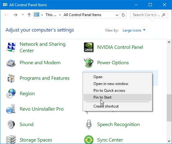 Pin Panel sterowania Pozycja Windows 10 Start