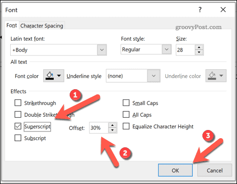 Opcje dodawania tekstu w indeksie dolnym lub górnym w programie PowerPoint w systemie Windows