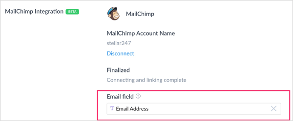 W sekcji Integracja z Mailchimp kliknij pole Email Field i wybierz niestandardowe pole utworzone w celu przechwytywania adresów e-mail. 