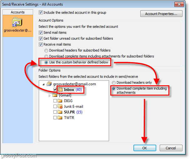 Zrzut ekranu programu Outlook 2010 — skrzynka odbiorcza używa niestandardowego zachowania pobierz kompletny element