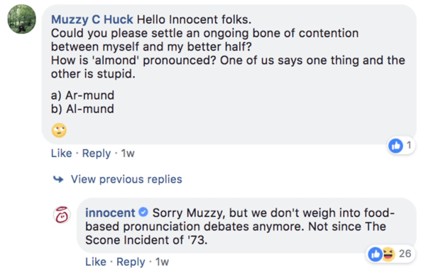 Przykład odpowiedzi Innocent na komentarz w poście na Facebooku.