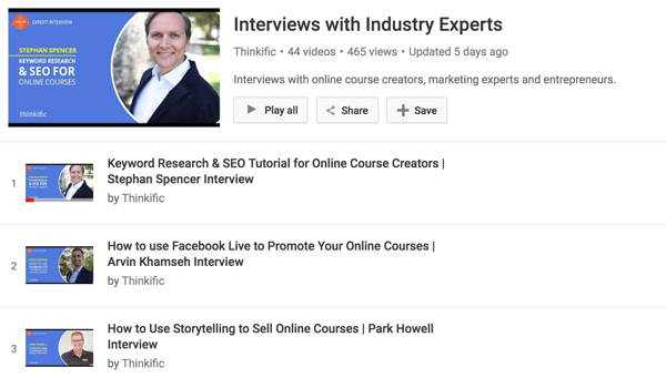 Kanał YouTube Thinkific zawiera serię wywiadów z twórcami kursów online.