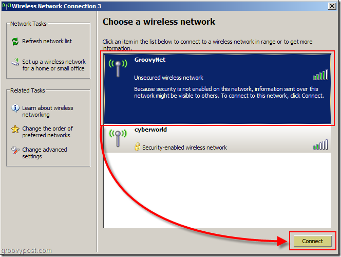 Menu systemu Windows XP, aby wybrać zrzut ekranu sieci bezprzewodowej:: groovyPost.com
