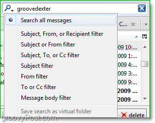zdjęcie pola wyszukiwania i filtrów w Thunderbird 3