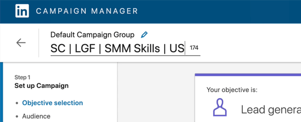zrzut ekranu przedstawiający nazwę kampanii LinkedIn zmienioną na „SC | LGF | Umiejętności SMM | NAS'