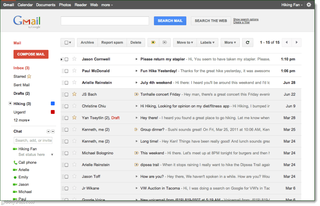 Widok skrzynki odbiorczej Gmaila, motyw podglądu