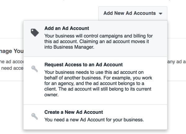 Wybierz opcję tworzenia nowego konta reklamowego w Business Managerze.
