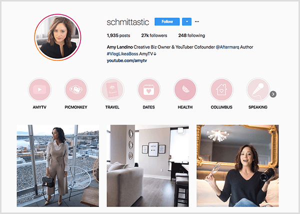 Profil Amy Landino na Instagramie wykorzystuje uchwyt schmittastic. Jej profil na Instagramie pokazuje wyróżnione kategorie dla AmyTV, Picmonkey, Travel, Dates, Health, Columbus i Speaking. Zdjęcia przedstawiają Amy.