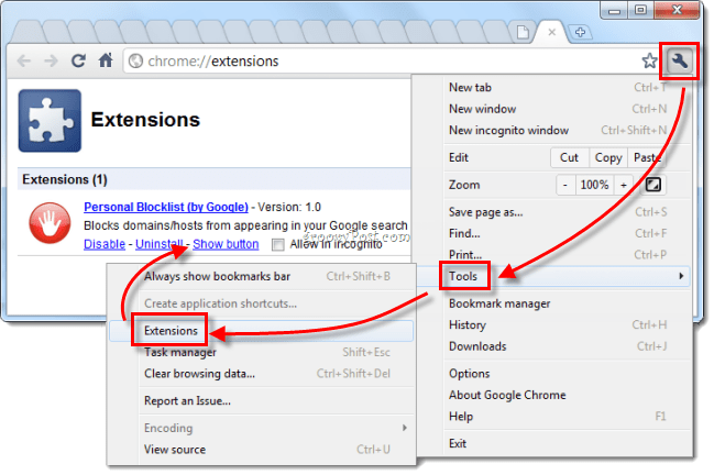 Google Chrome zarządzanie rozszerzeniami zwraca czerwony przycisk