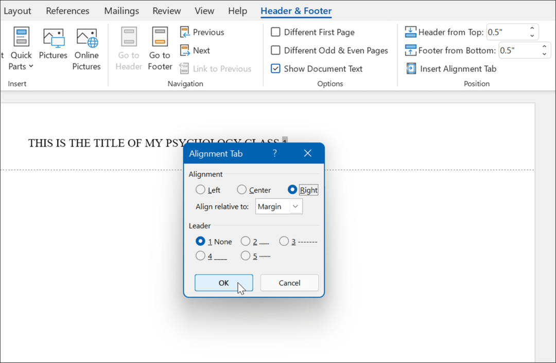 zakładka wyrównania prawy format stylu apa w Microsoft Word