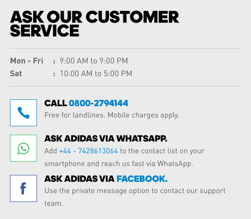 Oprócz numeru telefonu, Adidas zawiera linki do WhatsApp i Facebook Messenger do opcji obsługi klienta.