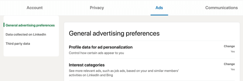 ustawienia konta w menu linkedin dotyczące ogólnych preferencji reklamowych