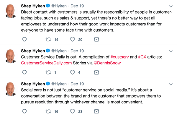 To jest zrzut ekranu trzech tweetów Shep Hyken dotyczących obsługi klienta.