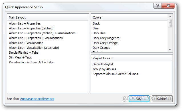 foobar2000 wygląd quikc konfiguracja układ kolory wygląd listy odtwarzania układ