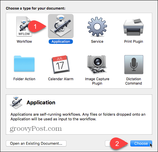 Wybierz opcję Aplikacja jako typ dokumentu w Automatorze