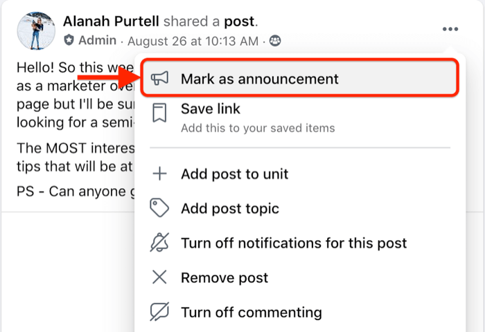 opcja menu postów grupowych na Facebooku, aby oznaczyć określony post jako ogłoszenie