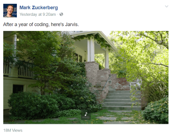 W serii postów wideo na swojej stronie publicznej Mark Zuckerberg zadebiutował Jarvis, nowy osobisty system sztucznej inteligencji wykorzystujący narzędzia Facebooka, podpowiedzi w języku naturalnym i rozpoznawanie twarzy.