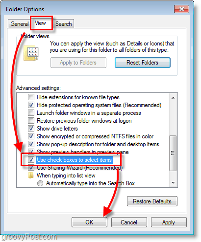 Zrzut ekranu systemu Windows 7 - przeglądaj opcje folderów i zaznacz pola wyboru, aby wybrać elementy
