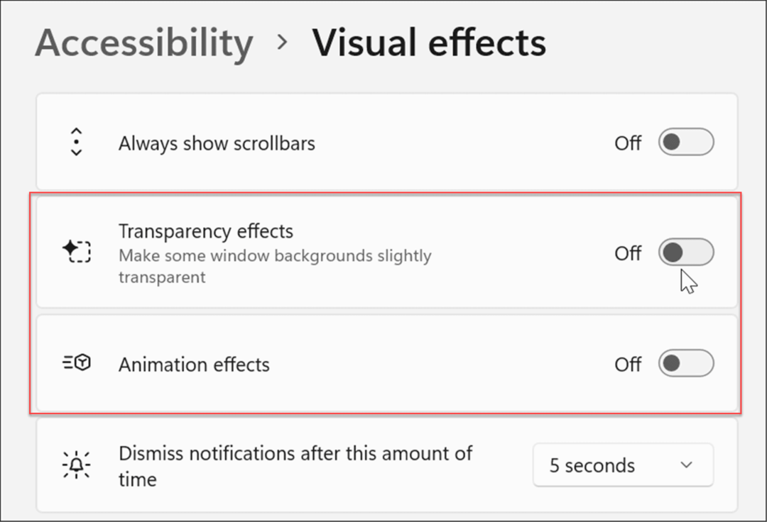 Dostępność efektów wizualnych w oknach 11 ustawienia