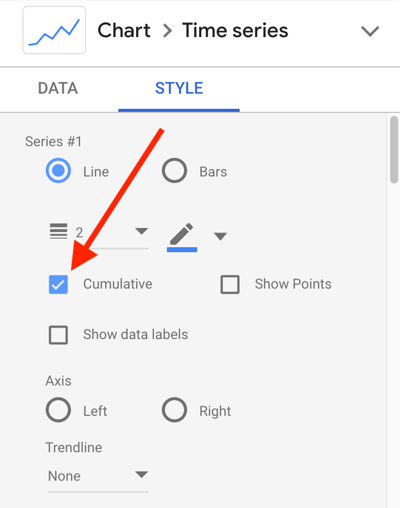 Użyj Google Data Studio do analizy swoich reklam na Facebooku, krok 24, ustawienie stylu wykresu dla skumulowanej linii danych
