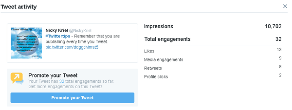 Kliknij tweeta, aby zobaczyć więcej danych o zaangażowaniu w Twitter Analytics.